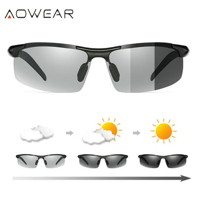 AOWEAR Photochromic Polarized Sunglasses for Men Day Night Driving Chameleon Glasses Aluminium Rimless Sun glasses Oculos Gafas