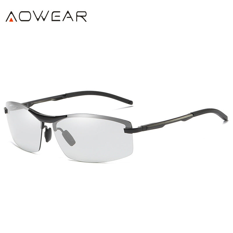 AOWEAR Photochromic Rimless Sunglasses Men Polarized Chameleon Glasses for Day and Night Driving Goggle Sun glasses gafas de so
