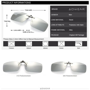 AOWEAR Polarized Clip Photochromic Sunglasses Men Chameleon Clip Glasses for Myopia Eyeglasses Day Night Driving Goggles Oculos