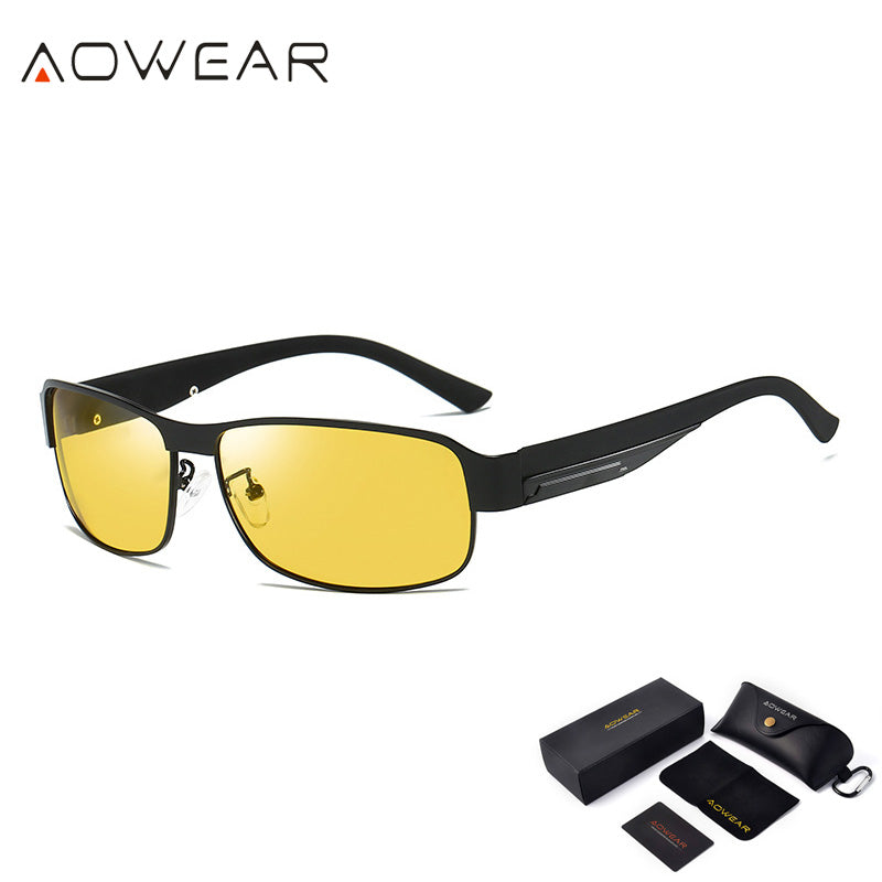 AOWEAR Polarized Night Vision Driving Glasses Male Square Yellow Driver Goggles Sunglasses for Men / Women Oculos De Sol