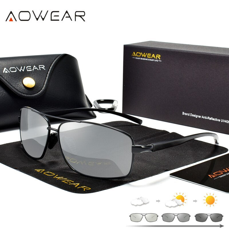 AOWEAR Square Photochromic Polarized Sunglasses Men Retro Day Night Driving Chameleon Glasses Man Car Driver Sun Glasses