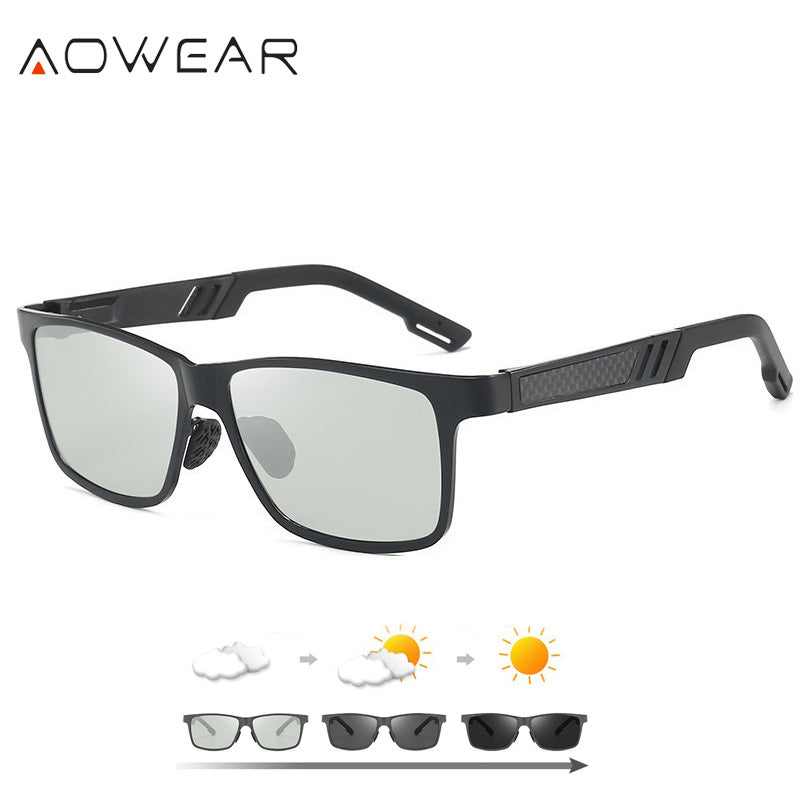 AOWEAR Square Photochromic Polarized Sunglasses Men  Aluminum Day Night Driving Chameleon Lenses Glasses Retro Oculos