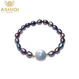 Genuine 12-13mm Button Pearl Bracelets Natural Black Baroque Pearl for women with 925 Sterling Silver Bead