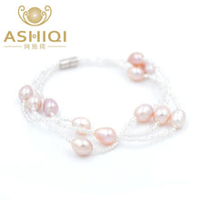 Carica l'immagine nel visualizzatore di Gallery, Braccialetti di perle naturali Mutil da donna, chiusura magnetica con perline di cristallo a 3 file fatte a mano 