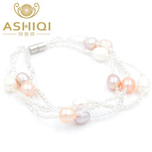 Carica l'immagine nel visualizzatore di Gallery, Braccialetti di perle naturali Mutil da donna, chiusura magnetica con perline di cristallo a 3 file fatte a mano 