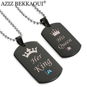 Black Stainless Steel Couple Necklaces Her King & His Queen Crown Tag Pendant Necklace with Stone Dropshipping