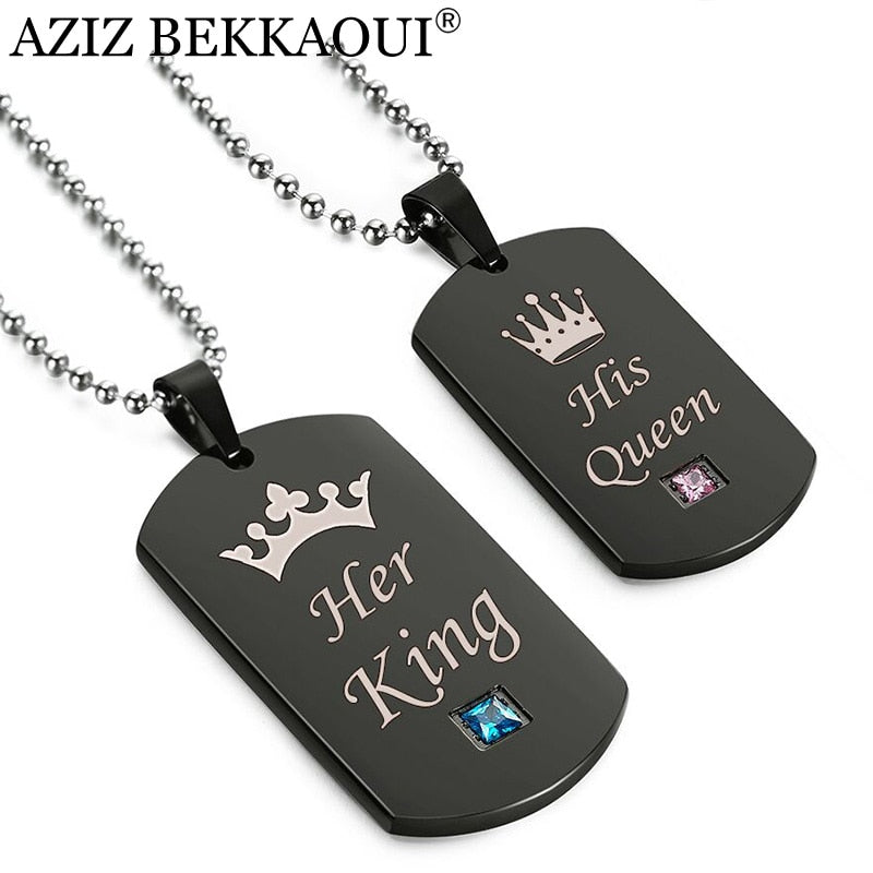 Black Stainless Steel Couple Necklaces Her King & His Queen Crown Tag Pendant Necklace with Stone Dropshipping