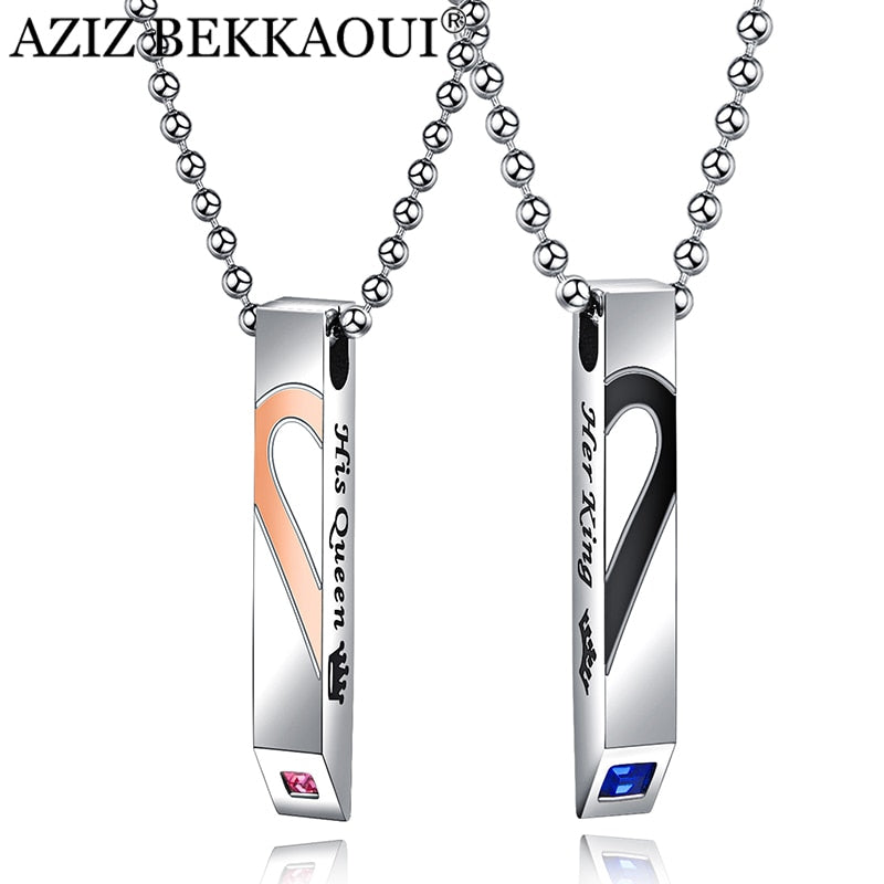 DIY Her King His Queen Heart Couple Necklaces with Stone Pendant Necklace for Lover Engrave Logo Drop Shipping