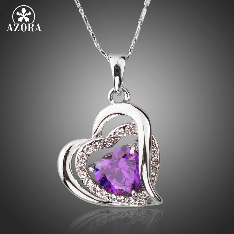 Forever Love Three Heart Superposition Romantic Purple Cubic Zirconia Pendant Necklaces for Valentine's D Gift TN0200