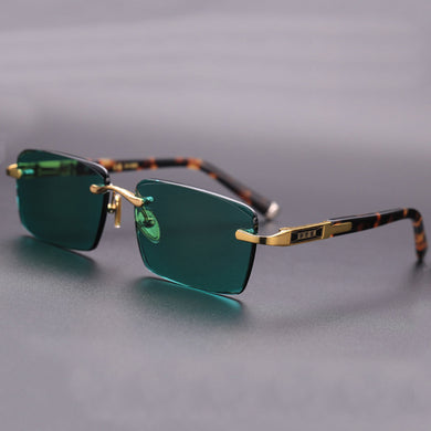 Acetate Vintage Rimless Sunglasses Man  Natural Crystal Stone Lens Green Sun Glasses Goggles UV400 Oculos