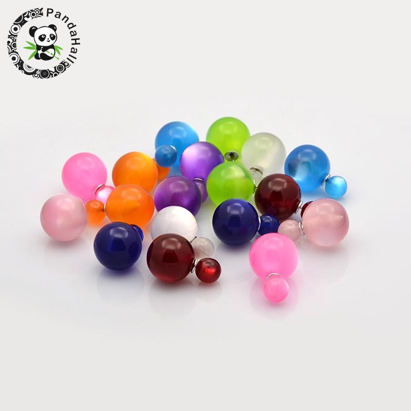Acrylic Imitate Cat Eye Double Faced Ball Ear Stud Earrings, with Iron Finding, Mixed Color, Ball : 8mm &16mm; Pin: 0.5mm