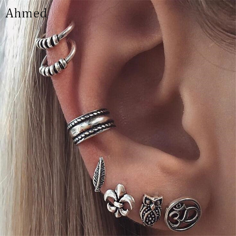 Bohemian 7 Pieces Set Retro Silver Punk Owl & Leaves Earrings Set Women Fashion Vintage Antique Ear Clip Jewelry
