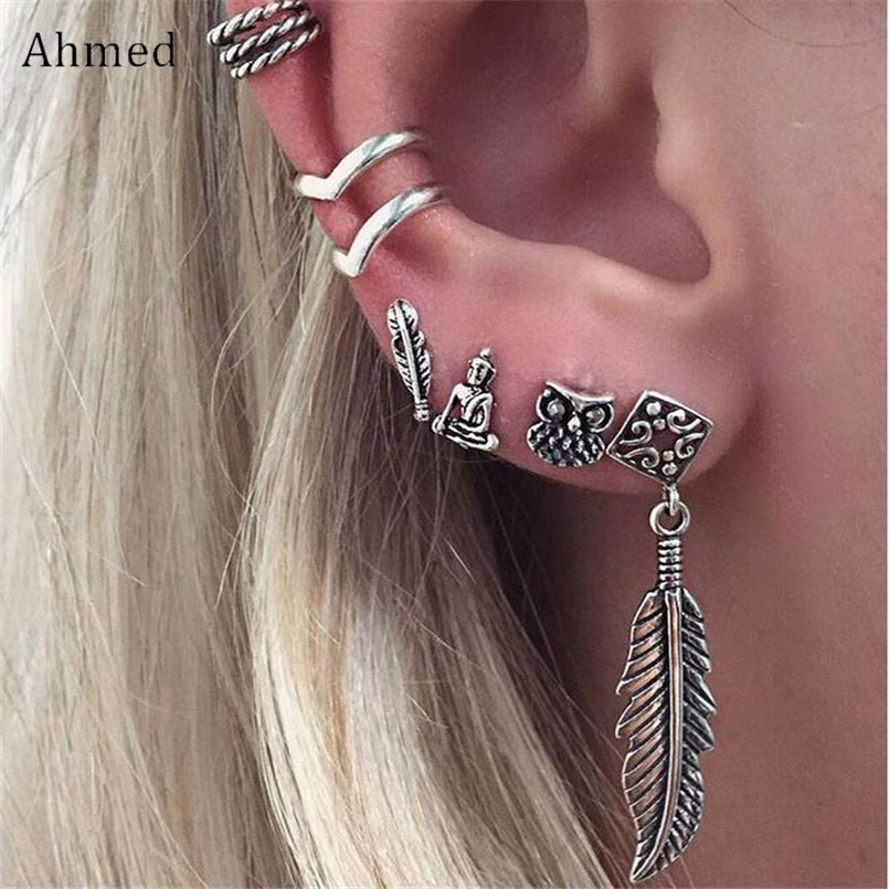 Bohemian Combination sets Retro Silver Punk Buddha & Leaves Earrings Set Women Fashion Vintage Antique Ear Clip Jewelry