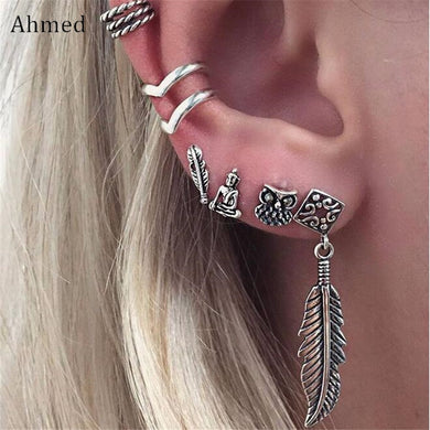 Bohemian Combination sets Retro Silver Punk Buddha & Leaves Earrings Set Women Fashion Vintage Antique Ear Clip Jewelry