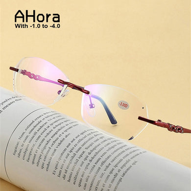 Ahora Rimless Anti Blue Light Finished Myopia Glasses Frame for Women Myopic Eyewear Diopters -1.0 -1.5 -2.0 -2.5 -3.0 -3.5 -4.0