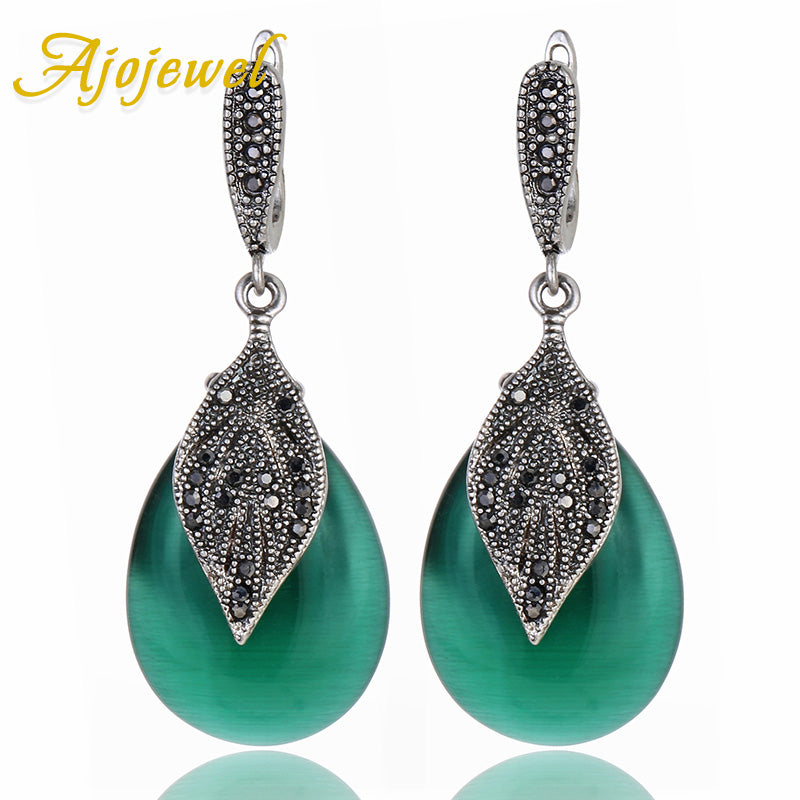 2017 New Luxury Semi-precious Stone Green Jewelry Women Vintage Earrings With Black Rhinestone Leaf