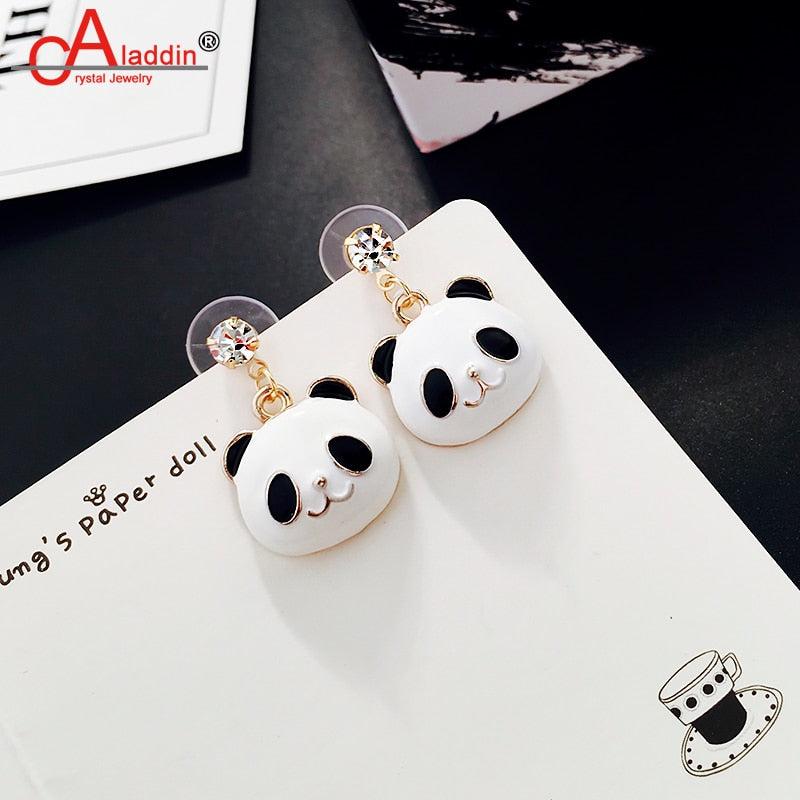 Aladdin Cute Panda Earrings 2.5x1.8CM Titanium steel Black & white Animal Bear eardrop Inlaid crystal zircon Chinese element