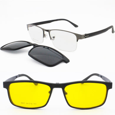 All Season Men One Optical Frame with 5 Clip on Removable Polarized Sunglasses Lenses Metal Combined TR90 Rectangle Eyeglasses