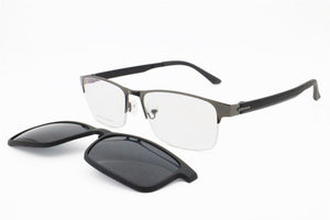 All Season Men One Optical Frame with 5 Clip on Removable Polarized Sunglasses Lenses Metal Combined TR90 Rectangle Eyeglasses