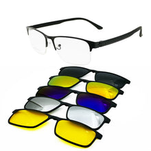 Load image into Gallery viewer, All Season Men One Optical Frame with 5 Clip on Removable Polarized Sunglasses Lenses Metal Combined TR90 Rectangle Eyeglasses