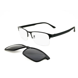 All Season Men One Optical Frame with 5 Clip on Removable Polarized Sunglasses Lenses Metal Combined TR90 Rectangle Eyeglasses