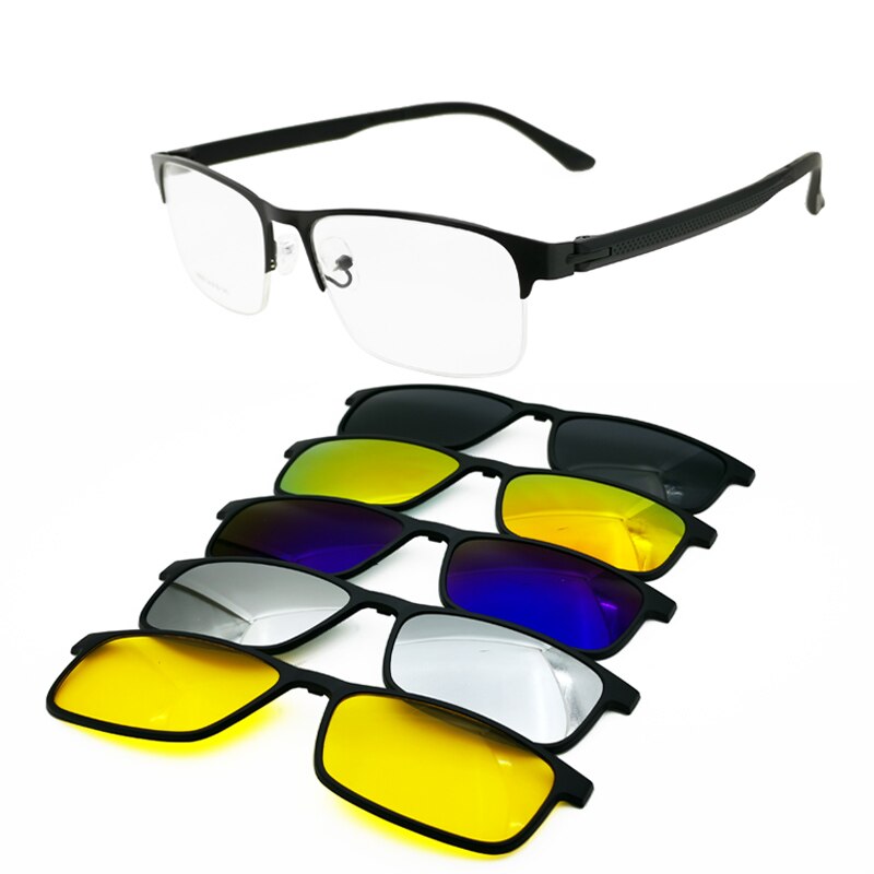 All Season Men One Optical Frame with 5 Clip on Removable Polarized Sunglasses Lenses Metal Combined TR90 Rectangle Eyeglasses