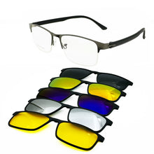 Load image into Gallery viewer, All Season Men One Optical Frame with 5 Clip on Removable Polarized Sunglasses Lenses Metal Combined TR90 Rectangle Eyeglasses