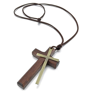 Alloy Leather Wood Pendant Necklaces Gold Brown Cross Vintage Retro Adjustable Men Women Chains