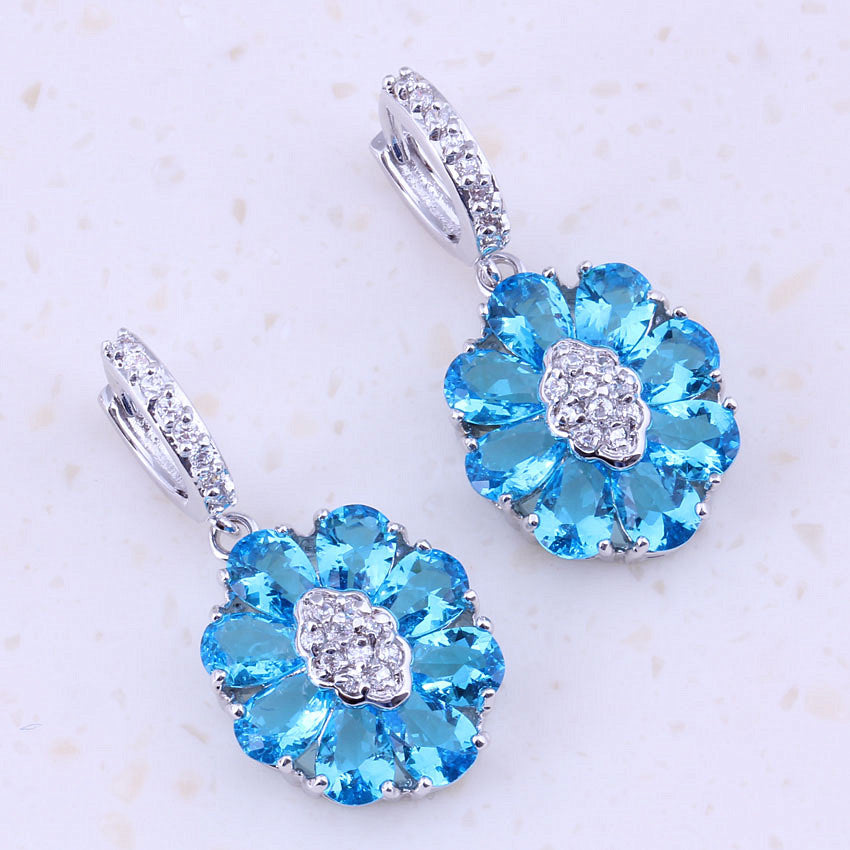 All Sky Blue Crystal Cubic Zircon Silver Color Drop Dangle Earrings For Women Wedding Party Fashion Jewelry C0060