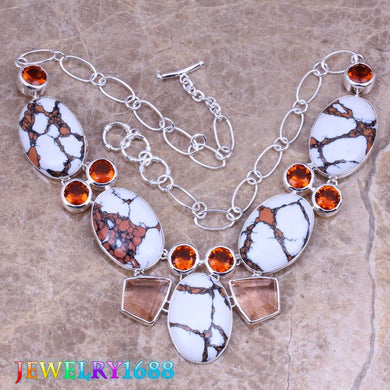 All White Brown Natural Stone 925 Sterling Silver Grade Necklace L639
