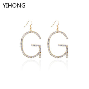 Alphabet Pendant Earrings with Rhinestone Exaggerated G Costume Drop Dangle Earrings for Fashion Women Jewelry