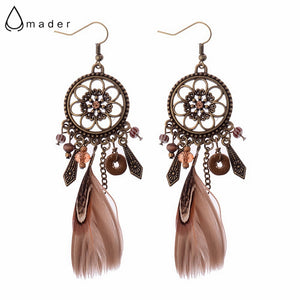Retro Dreamcatcher Shaped Feather Pendant Round Earrings For Women Ethnic Style Feather Earrings HQE423