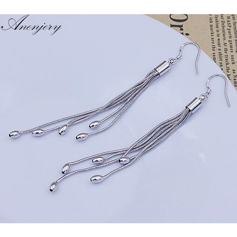 925 Sterling Silver Bridal Jewelry Beads Long Tassel Drop Earrings For Women Boucle d'oreille oorbellen S-E61