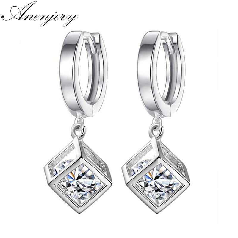 925 Sterling Silver Cube Love Window Zircon Sugar Drop Earrings For Women brincos Best Gift S-E228