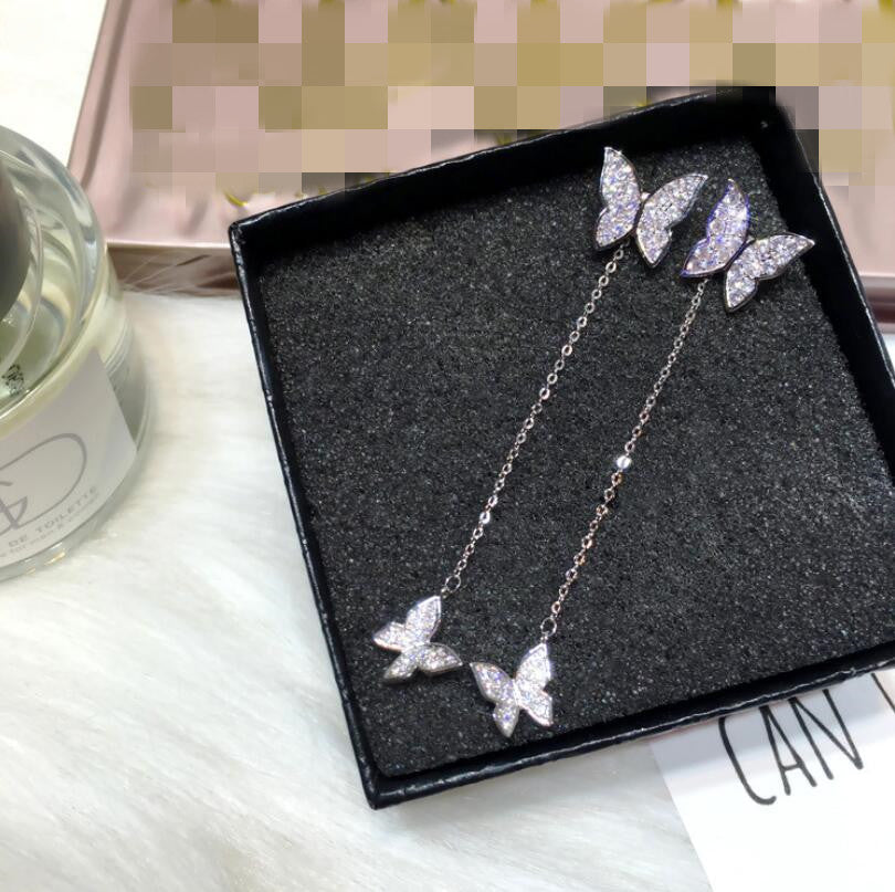 925 Sterling Silver Earrings For Women Dazzling Micro CZ Zircon Butterfly Tassel Earrings oorbellen S-E559