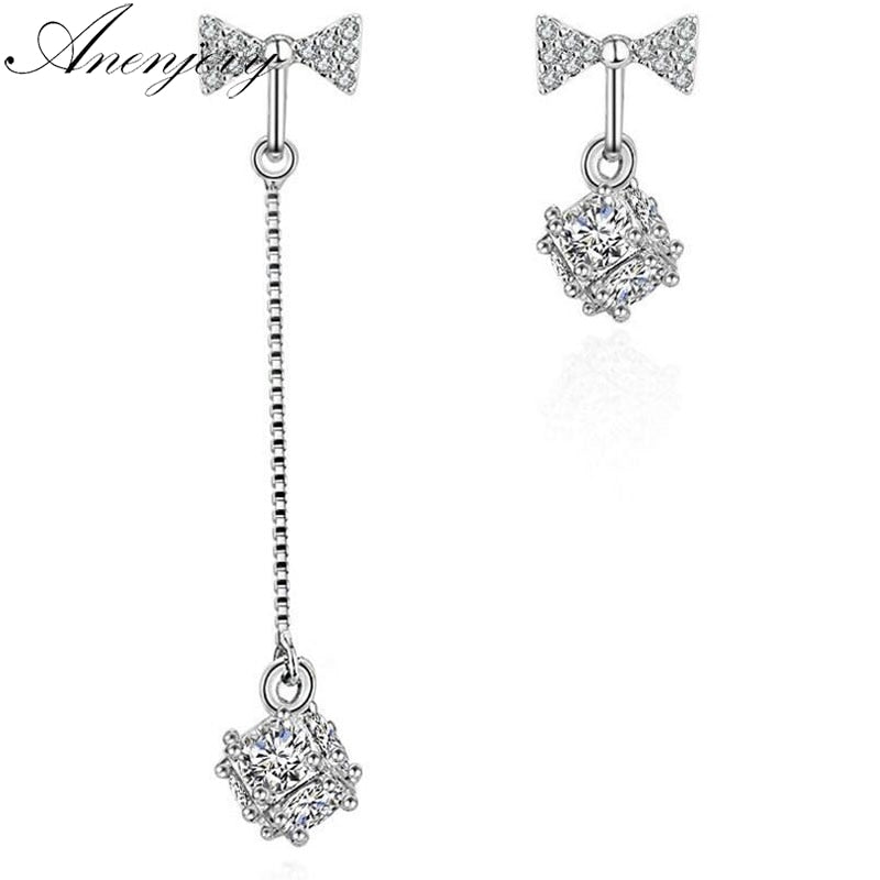 925 Sterling Silver Earrings Mosaic CZ Zircon Bowknot Cube Long Tassel Earrings For Women oorbellen brincos S-E403