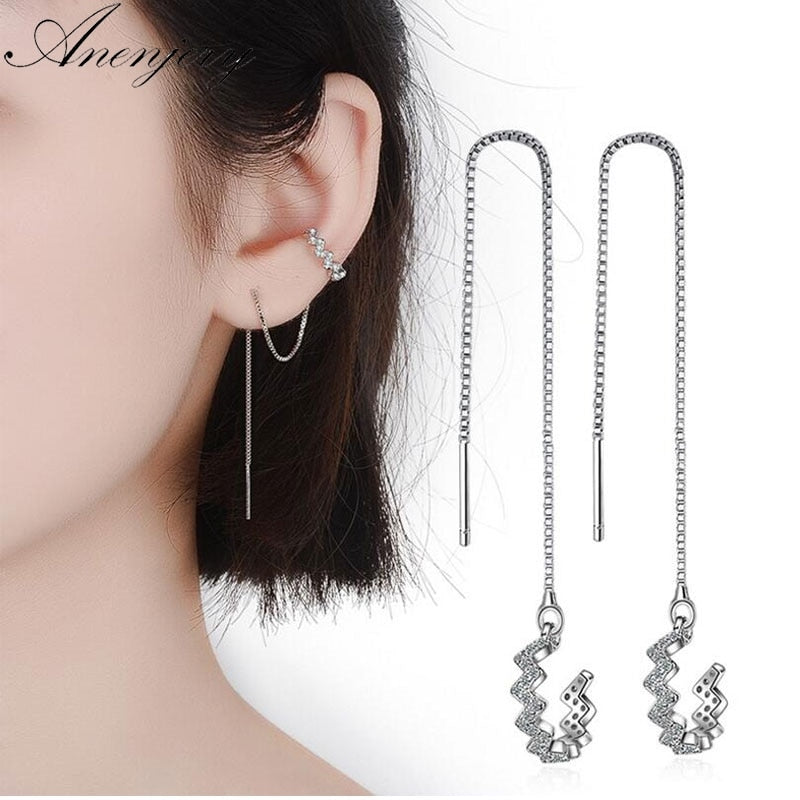 925 Sterling Silver Tassel Earrings For Women Dazzling Semicircular Drop Earrings Ear Jewelry pendientes S-E505