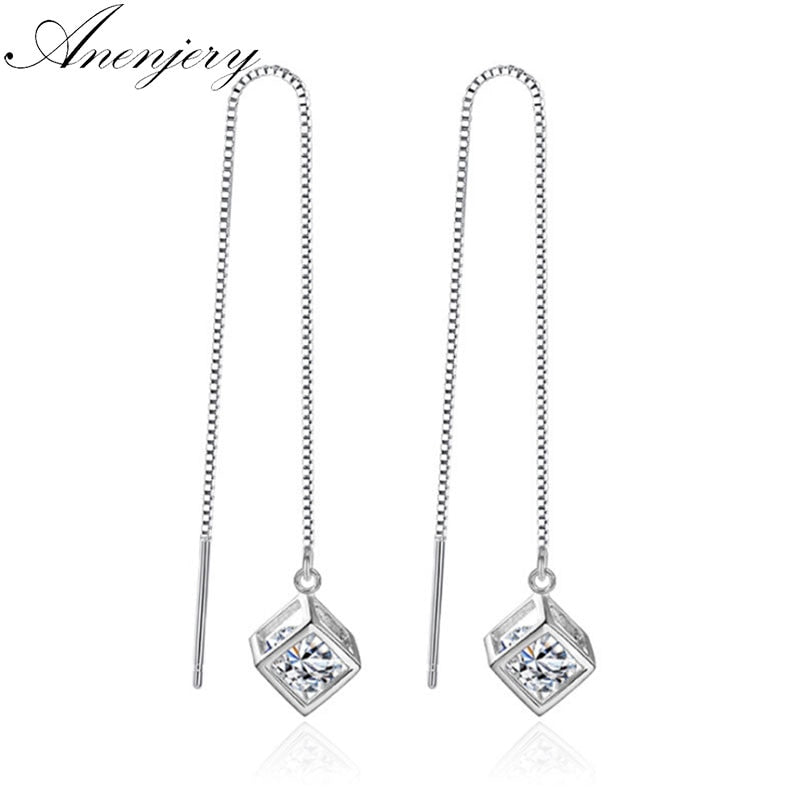 Elegant Fashion 925 Sterling Silver Cube Love Window Zircon Sugar Drop Earrings Box Chain Long Tassel Earrings S-E238