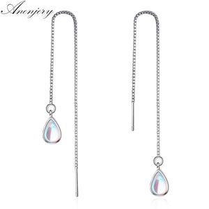 Moonstone Water Drop Long Tassel Earrings For Women 925 Sterling Silver Ear Chain boucle d'oreille oorbellen S-E654