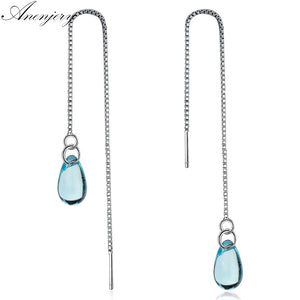 New Artificial Blue Crystal Water Drop Earrings For Women 925 Sterling Silver Long Tassel Earrings Chain S-E665