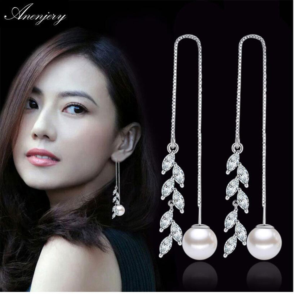 New Fashion 925 Sterling Silver Zircon Flower Leaves Box Chain Long Tassel Ear Line Luxury Pearl Drop Earrings S-E282