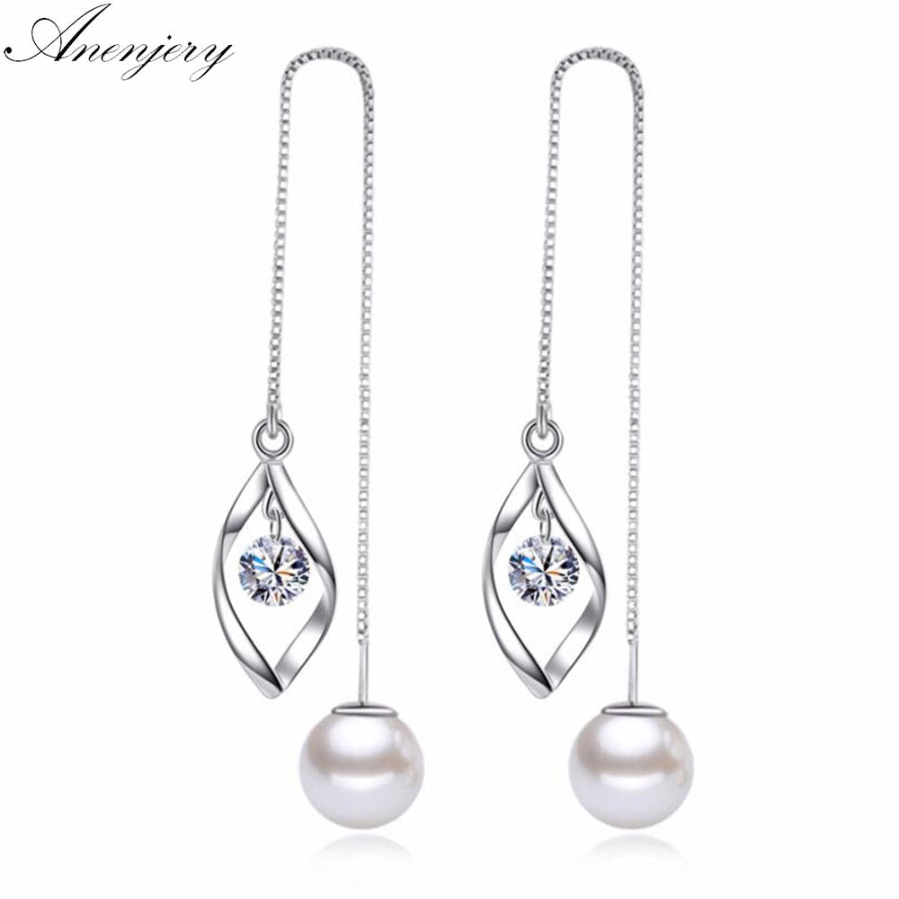 Newest pendientes 925 Sterling Silver Twist Zircon Pearl Long Tassel Ear Line Drop Earrings For Women oorbellen S-E311