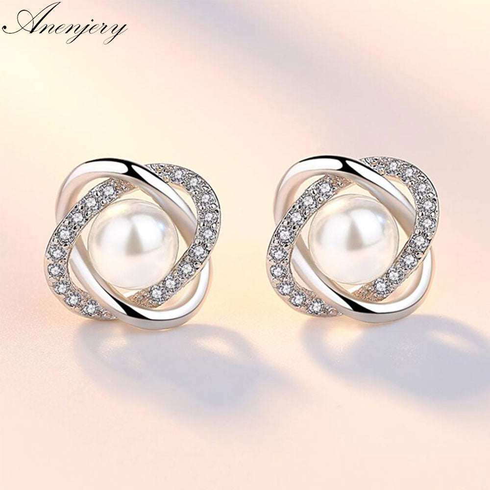 Upscale 925 Sterling Silver Earrings Zircon Pearl Twist Luxury Stud Earrings For Women brincos pendientes S-E290
