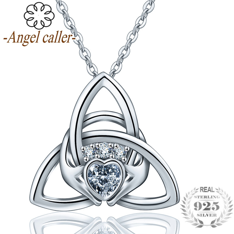 Collana con ciondolo Claddagh in argento sterling 925 Tiquetra Trinity Knot CZ Girocollo in cristallo Fine Jewelry per regalo di nozze 