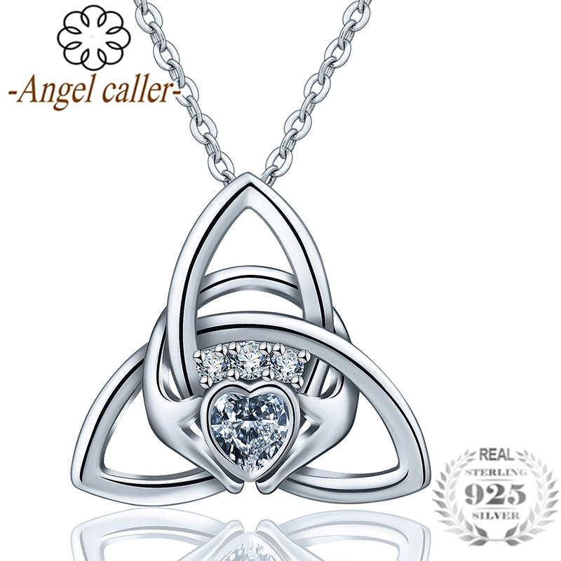 925 Sterling Silver Claddagh Pendant Necklace Tiquetra Trinity Knot CZ Crystal Choker Fine Jewelry for Wedding Gift