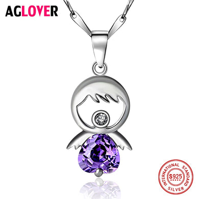 Angel Crystal Zircon Necklace 925 Silver Girl Cute Angel Pendant Necklace Fashion Charm 100% Sterling Silver Woman Jewelry