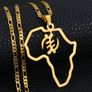 Anniyo African Map & Cultural Symbol Pendant Necklaces Women Men Gold Color Adinkra Gye Nyame Africa Ethnic Jewelry #129721