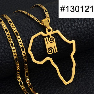 Anniyo African Map & Cultural Symbol Pendant Necklaces Women Men Gold Color Adinkra Gye Nyame Africa Ethnic Jewelry #129721
