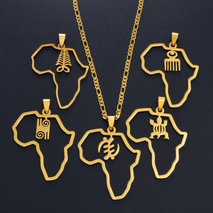 Anniyo African Map & Cultural Symbol Pendant Necklaces Women Men Gold Color Adinkra Gye Nyame Africa Ethnic Jewelry #129721
