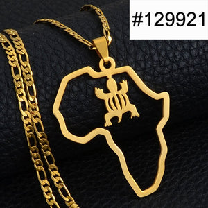 Anniyo African Map & Cultural Symbol Pendant Necklaces Women Men Gold Color Adinkra Gye Nyame Africa Ethnic Jewelry #129721